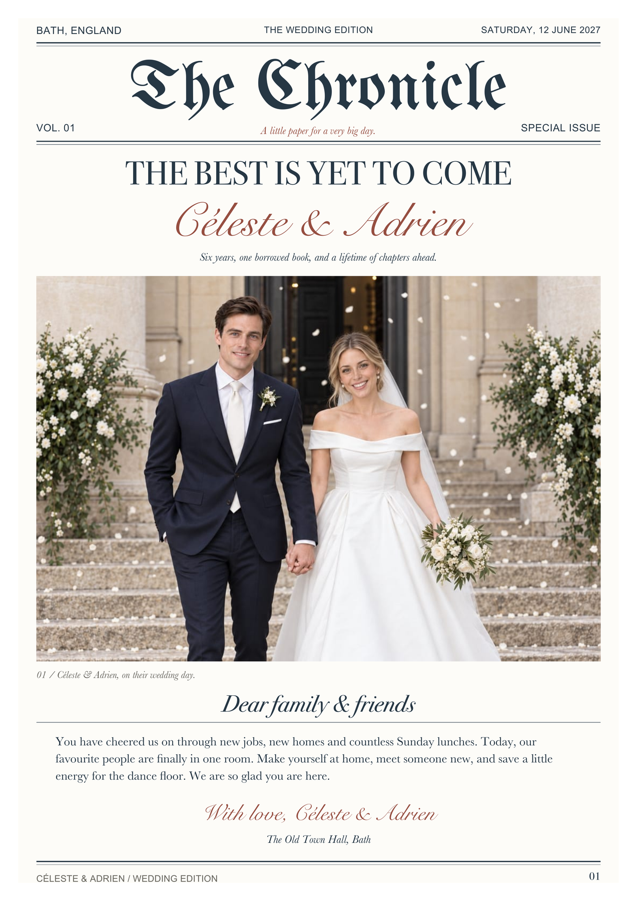 The Chronicle, page 1 of Céleste and Adrien’s wedding newspaper